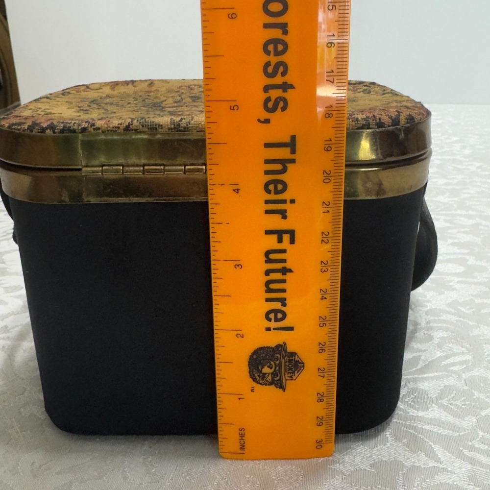 Vintage Black Box Top Handbag Brass Accent Purse Needle Point Petit Tapestry 60s - Picture 12 of 12